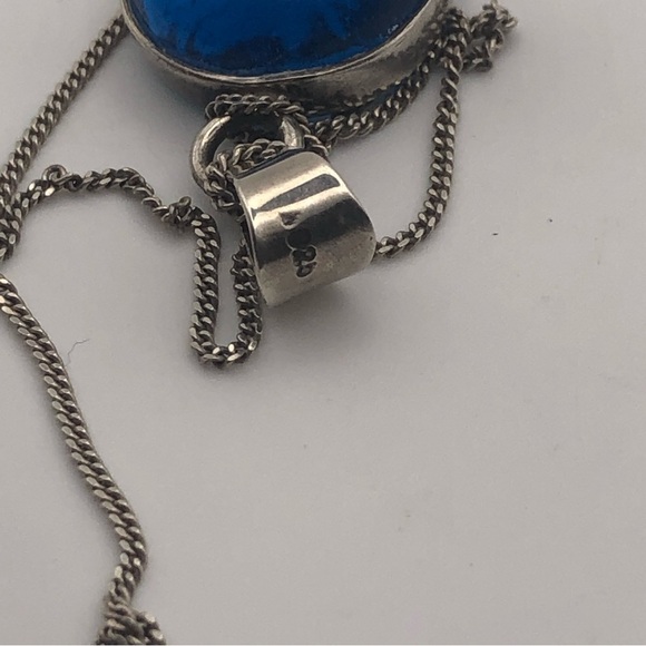 VTG Sterling Round Blue Glass Pendant & Chain - 18” & 1.4” Pendant - Picture 7 of 10